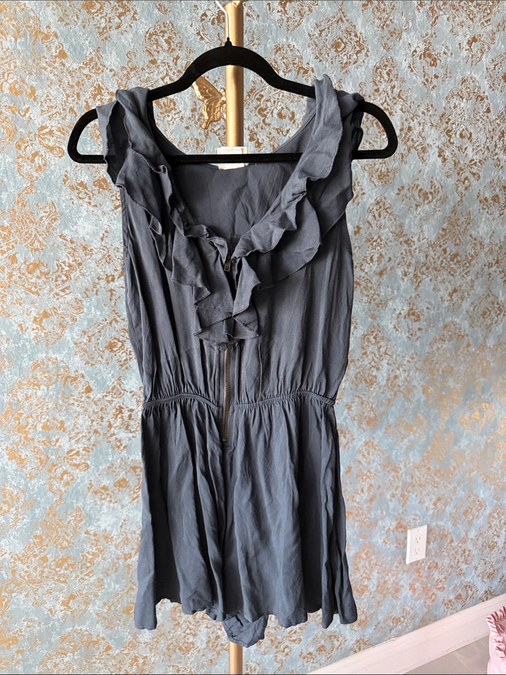 Pretty Good Slate Gray Ruffled Romper